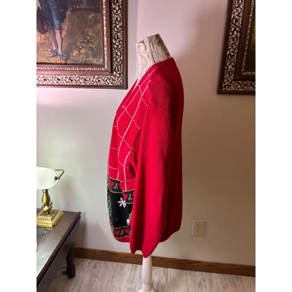 Vintage Cottagecore Red Christmas Snowman Tree Sweater‎ Women 14/16 Cardigan